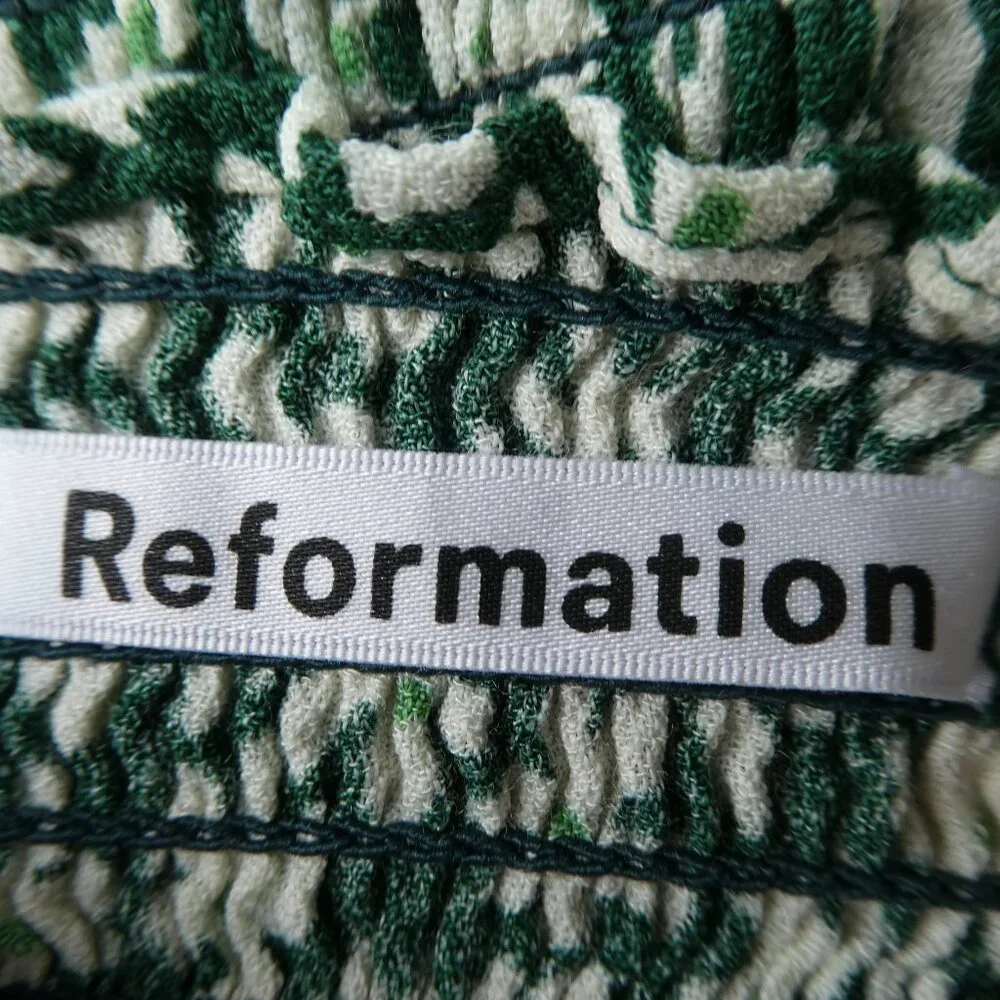 Reformation Floral Lupe Top Smocked Zipper Back Shoulder Ties Green White 2